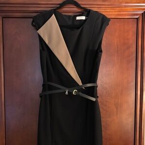 Calvin Klein Color Block Black and Tan Faux Wrap Belted Dress in size 12